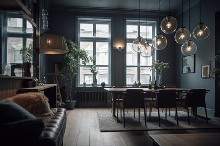 Scandinavian living room interior with big windows. Generative AIの素材