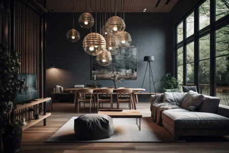 Scandinavian living room interior with big windows. Generative AIの素材