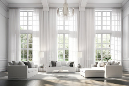Scandinavian living room interior with big windows. Generative AIの素材