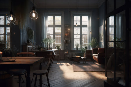Scandinavian living room interior with big windows. Generative AIの素材