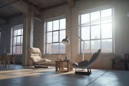 Scandinavian living room interior with big windows. Generative AIの素材