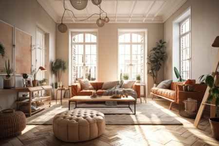Scandinavian living room interior with big windows. Generative AIの素材