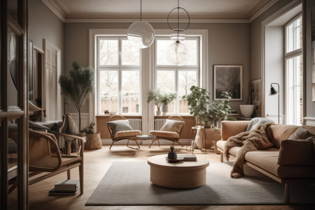 Scandinavian living room interior with big windows. Generative AIの素材