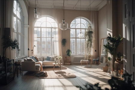 Scandinavian living room interior with big windows. Generative AIの素材