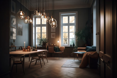 Scandinavian living room interior with big windows. Generative AIの素材