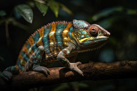 Close up of an chameleon standing on a branch in a tropical forest. Generative AIの素材