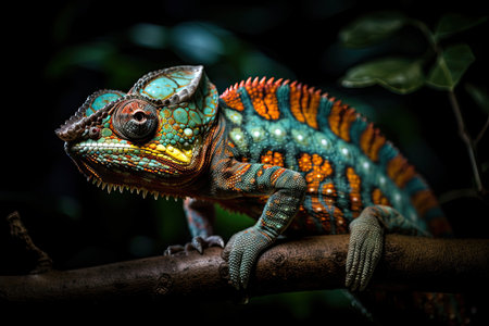 Close up of an chameleon standing on a branch in a tropical forest. Generative AIの素材