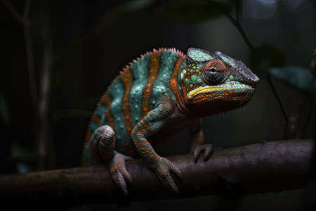 Close up of an chameleon standing on a branch in a tropical forest. Generative AIの素材