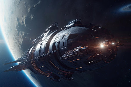 Futuristic spaceship leaving planet. Cinematic Lighting. Generative AIの素材
