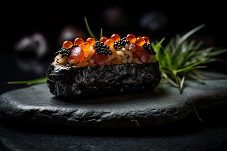 Close up of a sushi roll on a table. Generative AIの素材