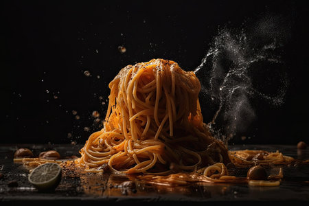 Spaghetti ball on a black background. Generative AIの素材