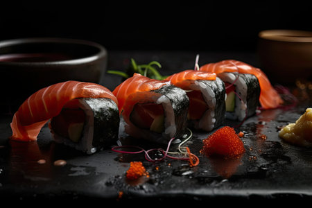 Close up of a sushi rolls on a table. Generative AIの素材