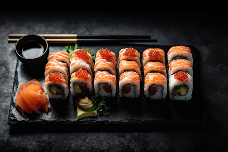 Top view of sushi rolls on a table. Generative AIの素材