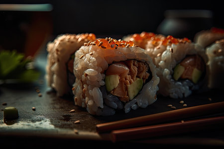 Close up of a sushi rolls on a table. Generative AIの素材