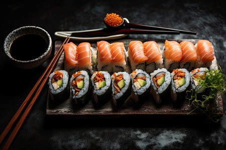Top view of sushi rolls on a table. Generative AIの素材