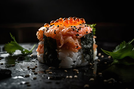 Close up of a sushi roll on a table. Generative AIの素材