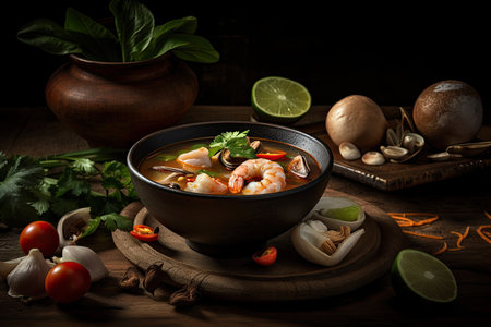 Tom Yum Soup on a table. Generative AIの素材