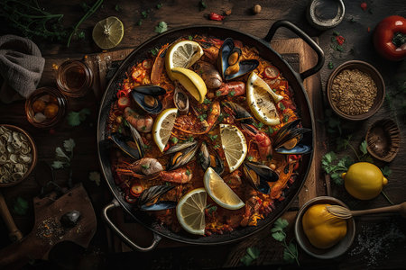 Spanish Paella in an iron bowl. Studio Shot. Generative AIの素材