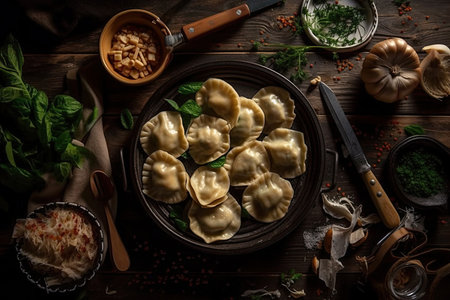 Pierogi filled dumplings. Studio Shot. Generative AIの素材
