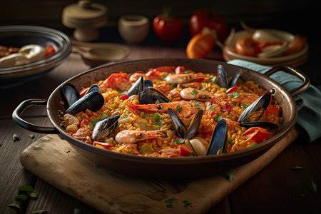 Spanish Paella in an iron bowl. Studio Shot. Generative AIの素材