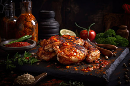 Piri piri chicken on a table. Generative AIの素材
