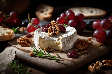 Baked camembert with roasted grapes, walnuts, rosemary and pink peppercorn crackers. Studio Shot. Generative AIの素材