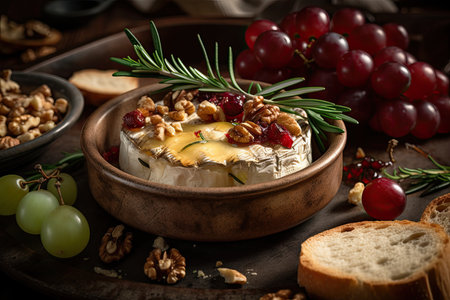 Baked camembert with roasted grapes, walnuts, rosemary and pink peppercorn crackers. Studio Shot. Generative AIの素材