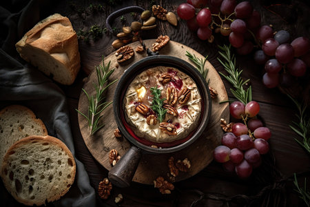Baked camembert with roasted grapes, walnuts, rosemary and pink peppercorn crackers. Studio Shot. Generative AIの素材