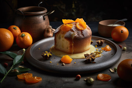 Kumquat panettone with orange blossom panna cotta and confit kumquats. Studio Shot. Generative AIの素材
