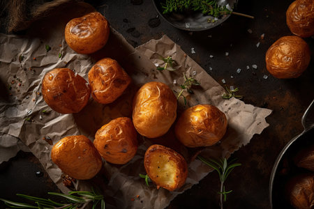 Greek roast potatoes, flavoured with garlic, lemon and rosemary. Generative AIの素材