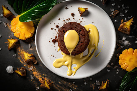Sticky ginger pudding, marinated pineapple, mango cream and ginger beer syrup. Studio shot. Generative AIの素材