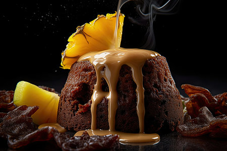 Sticky ginger pudding, marinated pineapple, mango cream and ginger beer syrup. Studio shot. Generative AIの素材