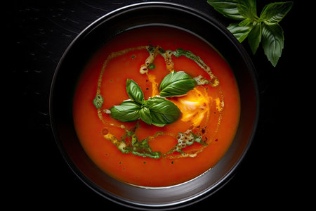 Spicy tomato soup with basil oil. Studio Shot. Generative AIの素材