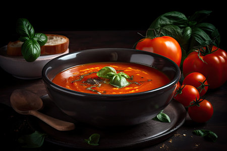 Spicy tomato soup with basil oil. Studio Shot. Generative AIの素材