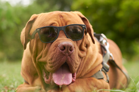 Dogue de Bordeaux dog with sunglasses in garden.の写真素材