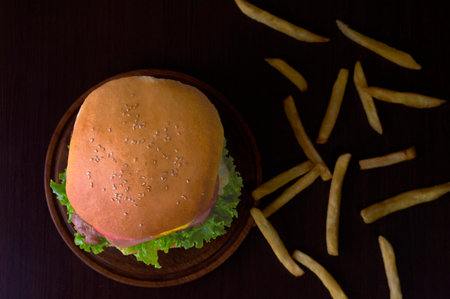 Beef Sandwich, with fried potato, tenderloin.の写真素材