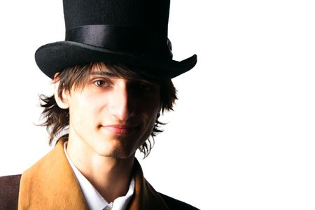 young gentlemen with black hat isolated on white backgroundの写真素材