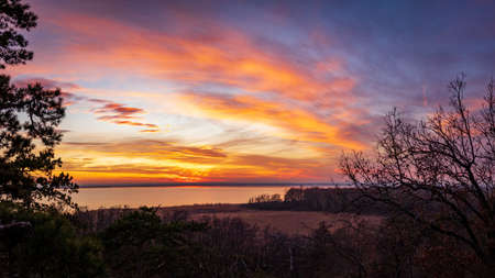 Colorful sunset from a hillside on Lake Balaton, Hungaryの写真素材
