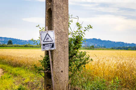 "Caution! Bees!" - "Beware of bees!" sign in Hungary.の写真素材