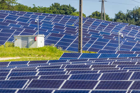 Solar park construction area on a hillの写真素材