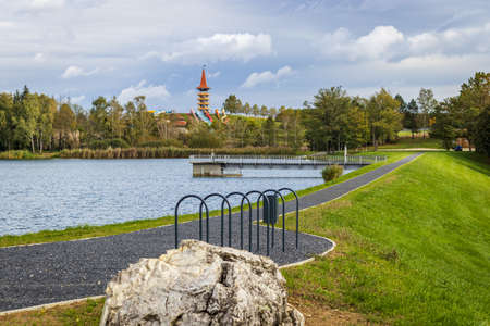 Embankment of Lake Gebart in autumn in Zalaegerszeg, Hungaryの写真素材