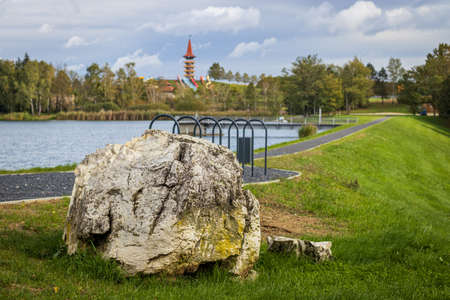 Embankment of Lake Gebart in autumn in Zalaegerszeg, Hungaryの写真素材