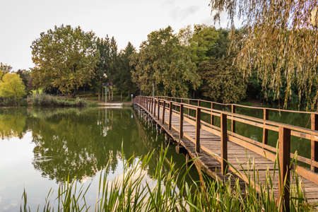 An old wooden bridge at Lake Gebart (Gebarti-to) in Zalaegerszeg, Hungaryの写真素材