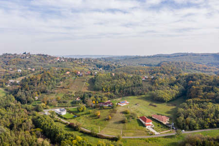 Drone photo of Csacs district on a foggy autumn morning in City Zalaegerszeg, Hungaryの写真素材