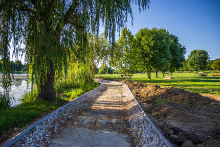 Bicycle road construction site at Boating lake (Csonakazo to) in City Kanizsa, Hungaryの写真素材