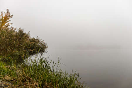 Foggy autumn morning at Lake Gebart in City Zalaegerszeg, Hungaryの写真素材