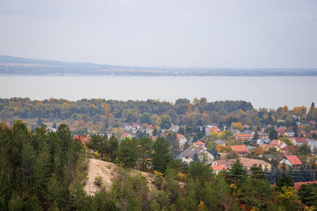 The view from the light cross (fenykereszt) lookout at the top of the Csandor mountain to Lake Balaton in Vonyarcvashegy, Hungaryの写真素材