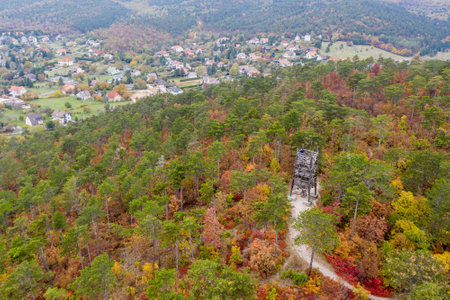 Drone photo of the Paul Kitaibel lookout at the top of the Csandor mountain in Vonyarcvashegy, Hungaryの写真素材