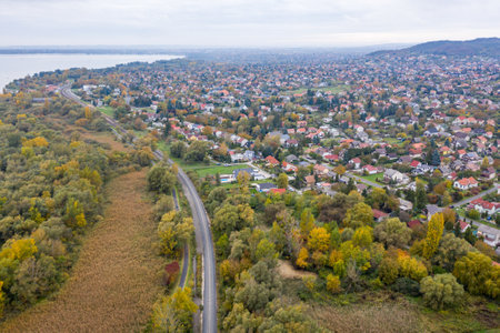 Drone photo of Vonyarcvashegy at Lake Balaton in Hungaryの写真素材