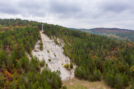 Drone view of the light cross lookout at the top of the Csandor mountain in Vonyarcvashegy, Hungaryの写真素材